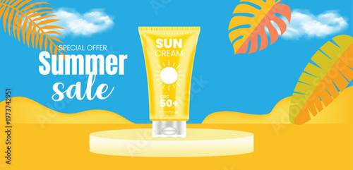 Summer Sunscreen Cream and Cosmetics Products sale banner with 3d realistic sunscreen cream tube on podium and tropical leaves, spf 50 for skin UV protection, for social media promotion banner, cover
