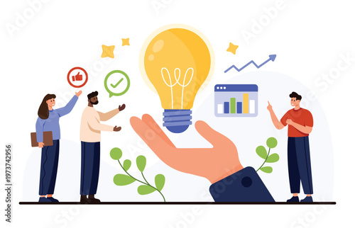 Business team brainstorming innovative idea with lightbulb, growth chart, and approval icons on white isolated background for startup, planning, and success concept vector illustration