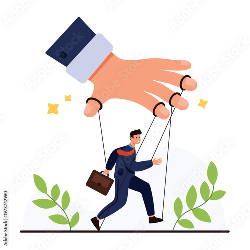 Concept of business manipulation showing a large hand controlling a businessman with strings, symbolizing control, influence, and lack of autonomy on isolated white background vector illustration