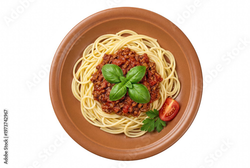 Italian Spaghetti Bolognese with Meat Sauce and Fresh Basil on a Plate
