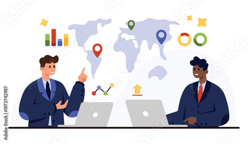 Two businessmen discussing negotiation strategy with laptops, world map, analytics, and data charts on white isolated background for teamwork, planning, and business growth vector illustration