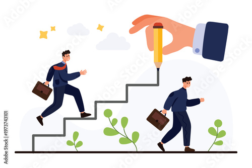 Businessman with briefcase climbing stairs symbolizing career ladder, growth, and promotion on an isolated white background for professional success concept vector illustration