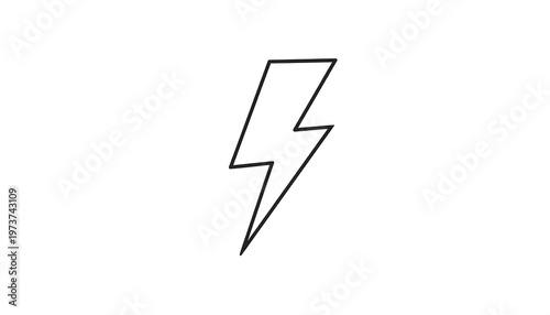 A stark white background featuring a simple, black outline of a lightning bolt