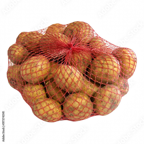 Fresh raw potatoes in a red mesh bag