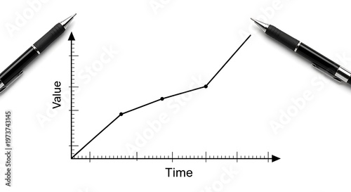 Increasing trend line graph with two pens on white background