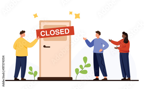 Three people stand in front of a closed door with a sign, symbolizing no access, restriction, or barrier, on an isolated white background vector illustration