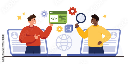 Two diverse coworkers collaborate online with laptops, code, gears, and magnifying glass, symbolizing teamwork, remote work, and digital project management on isolated white background vector