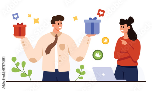 Man presenting two gift options to woman with social media icons and laptop, representing customer choice, decision making, and feedback on isolated white background vector illustration