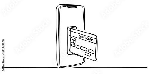 A single continuous line drawing of a debit card being inserted into a mobile smartphone device