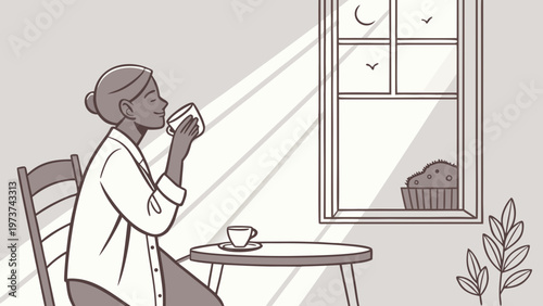 Woman drinking coffee, morning routine, peaceful atmosphere, monochrome illustration, coffee break