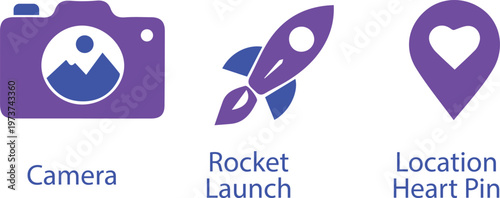 Vector icon set featuring a photo camera, a flying rocket launch, and a location map pin with a heart symbol.