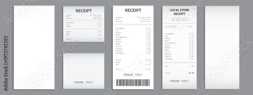 Cash receipt on clipboard, paper bill, invoice set 