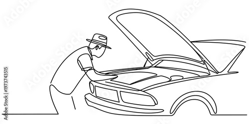 Continuous line drawing of a man wearing a hat inspecting the engine of a car with open hood up