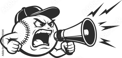 Angry Baseball Mascot Shouting Through Megaphone Cartoon Vector Illustration.