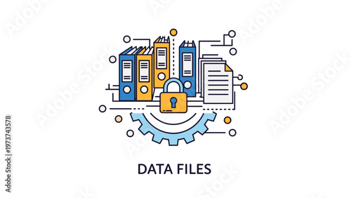 Secure data files and document management concept showing color-coded binders, a padlock, and a gear mechanism.
