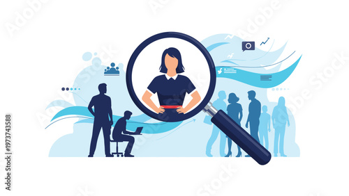 Human resources recruitment concept showing a magnifying glass focusing on a female candidate among a crowd of people.