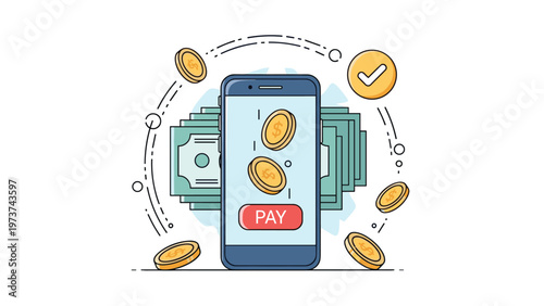 Mobile payment and digital banking concept featuring a smartphone with falling coins and stacks of cash money.