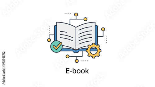 Digital e-book icon with a mechanical gear and checkmark illustrating an automated online learning platform and educational process.