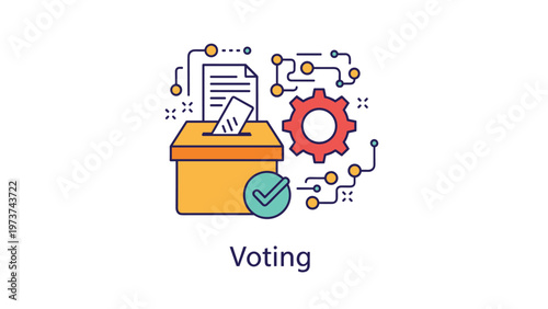Orange voting box icon with a mechanical gear and checkmark representing modern digital elections and secure balloting technology.