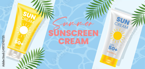 Summer sunscreen cream 3d tubes with tropical leaves, promoting summer skincare and sun protection cosmetic sale, spf 50+ cosmetic products, advertising concept for social media banner, cover design