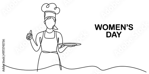 Continuous line drawing of a woman chef giving a thumbs up for international women's day event