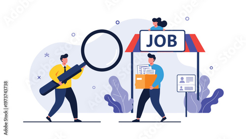 Recruitment scene with a person using a large magnifying glass to inspect a job stand representing human resources and hiring.