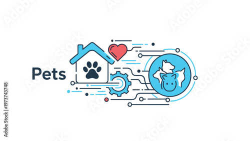 Pet care service icons featuring a dog paw house heart and animal profiles illustrating professional veterinary and grooming care.