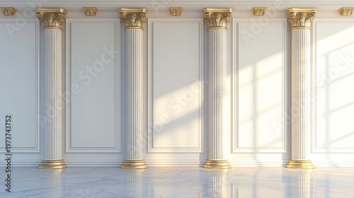 Elegant interior with classic columns and ornate capitals, sunlight casting patterns on marble floor