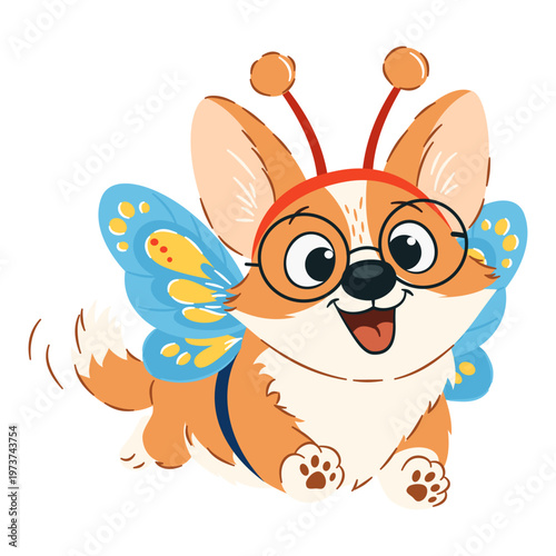 A cute corgi with big eyes, wearing a headband with horns and butterfly wings, runs happily. A vector illustration in a simple, child-friendly style . Vector illustration