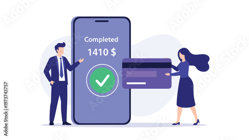Man and woman characters standing by a large smartphone showing a completed digital payment for modern electronic banking services.
