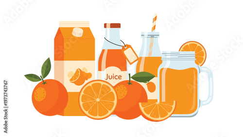 Collection of fresh orange juice containers including bottles cartons and glasses surrounded by sliced citrus fruits for health.