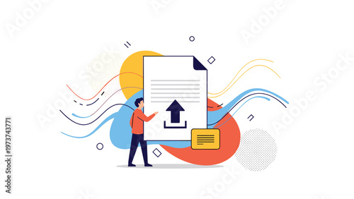 Corporate professional standing next to a giant document with an upload icon representing cloud storage and digital file sharing.