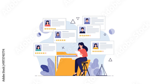 Human resources professional reviewing digital candidate profiles with star ratings for an efficient corporate hiring process.