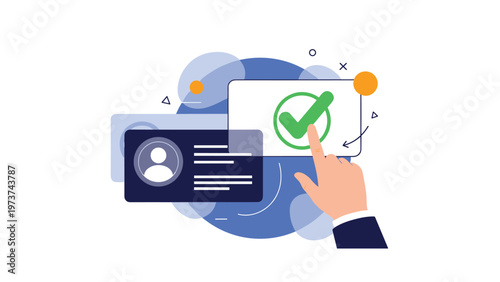Hand clicking a green checkmark on a digital identity profile card to illustrate secure user verification and account access.
