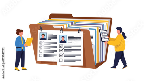 Two female employees organizing documents inside a giant file folder representing human resources and corporate administration.