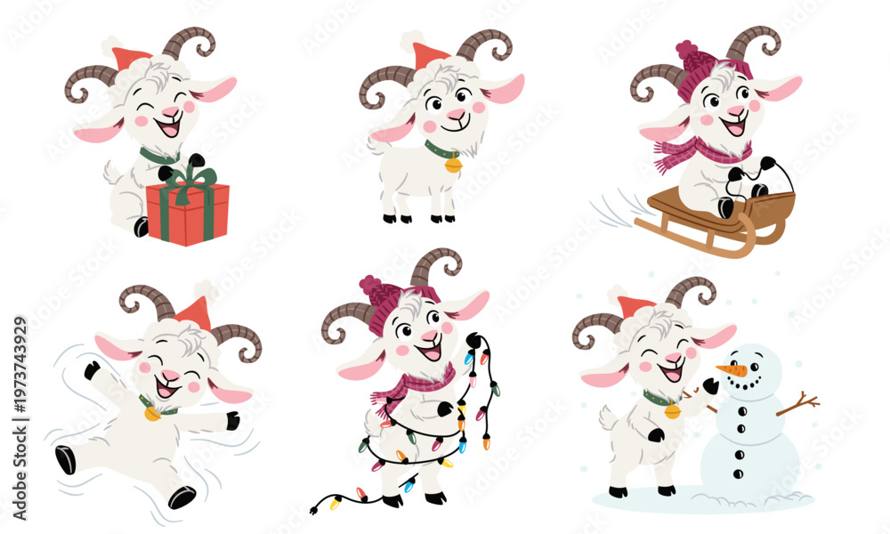Fototapeta premium A collection of vector illustrations in a simple, childlike style. Cute little goats wearing Santa hats, wrapped in garlands, riding a sled, and opening presents. A collection of New Year's
