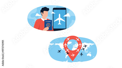 Traveler with a passport standing by a smartphone showing flight information and a global map with various flight routes.