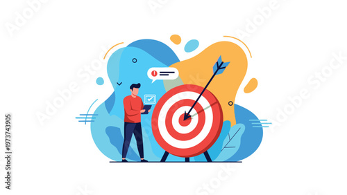 Man using a tablet to aim an arrow at a large target board representing strategic goal setting and business objective focus.
