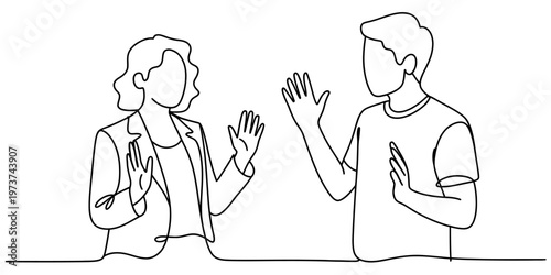 A black and white continuous line drawing of a woman and a man communicating with hand gestures