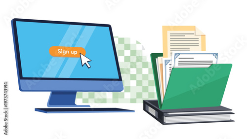 Computer monitor showing a sign-up button next to an open file folder representing an online registration and account creation.