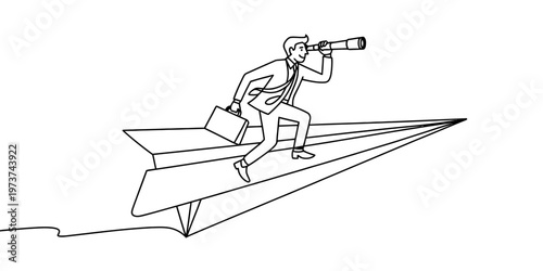 A line art drawing of a professional businessman flying on a paper plane looking through scope