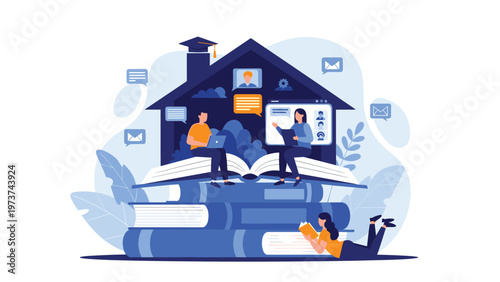 Concept of distance learning and home education with people reading books and using digital devices for online study.