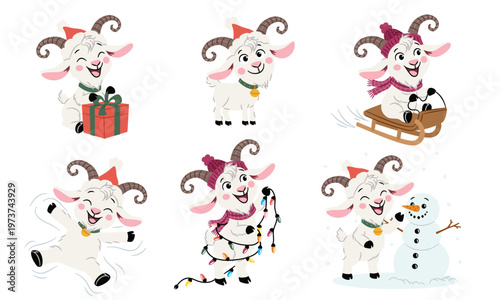A collection of vector illustrations in a simple, childlike style. Cute little goats wearing Santa hats, wrapped in garlands, riding a sled, and opening presents. A collection of New Year's