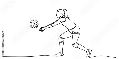 A single continuous line drawing of a female volleyball player bumping a ball during a match