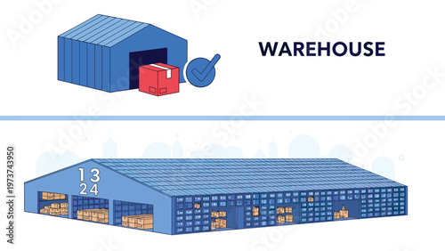Modern blue warehouse building and logistics storage facility with cardboard boxes and a delivery check mark symbol.