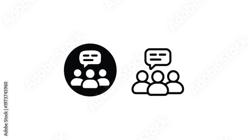 Group chat icon set in solid and outline styles, team communication symbol with speech bubbles, social interaction concept black and white vector