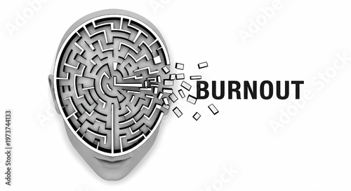 Overwhelmed maze pin with broken pieces and burnout text on white background its illustration only