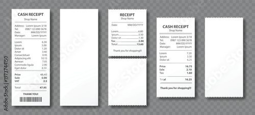 Cash receipt, paper bill, purchase invoice set