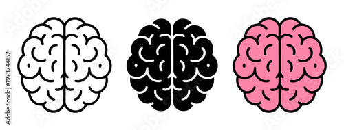 Three stylized brain in black outline, solid black, and pink