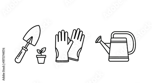 Gardening tools and accessories line icons.